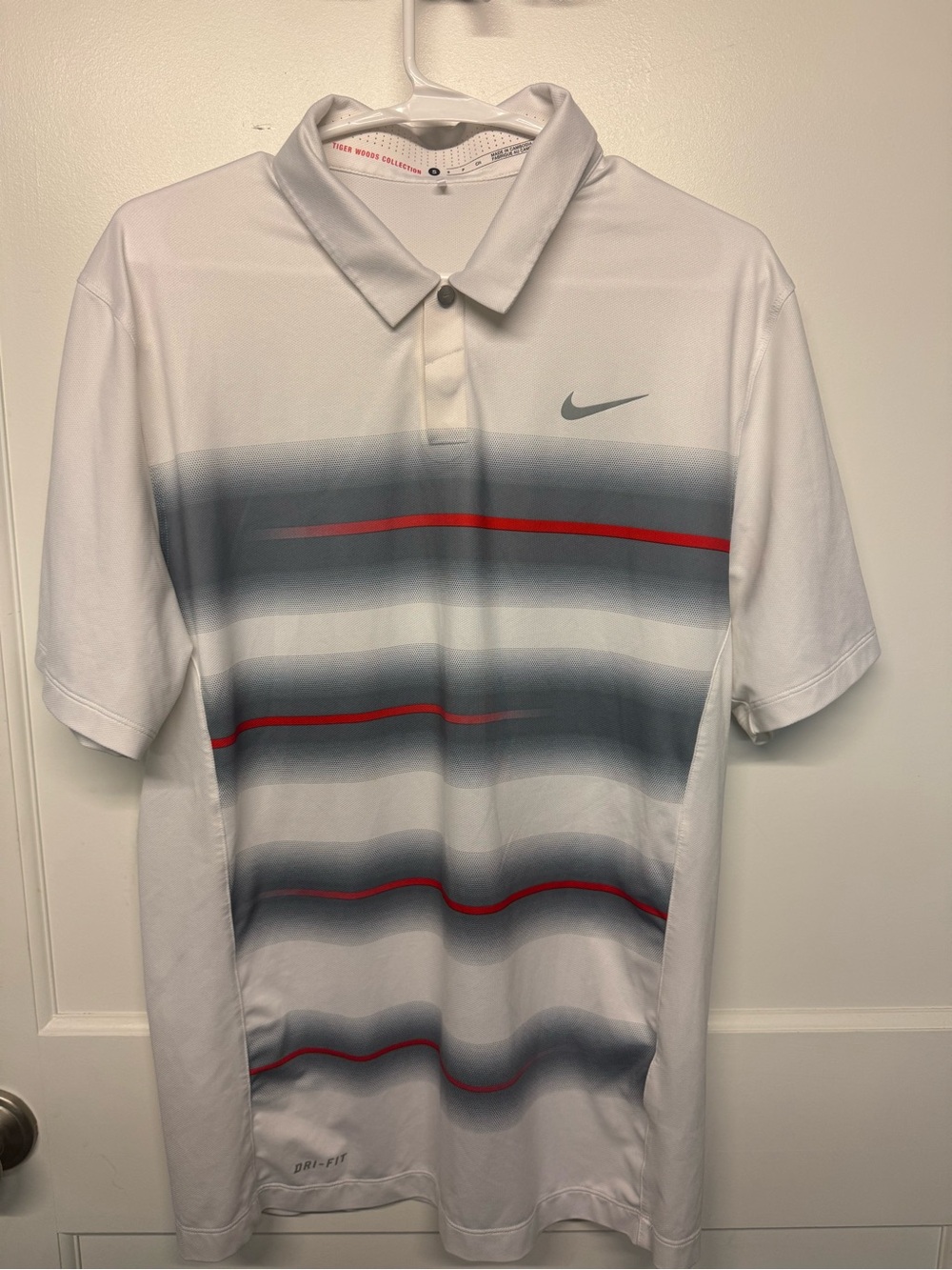 Nike Tiger Woods White Polo with Gray Gradient Stripes and Red Accents